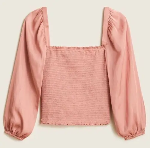 J.Crew  Squareneck Smocked Featherweight Pink Satin Long Sleeve Crop Top