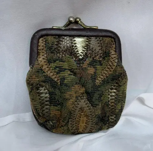Vintage Tapestry Coin Purse Kiss Lock Frame Brown Leather Trim Floral Pattern