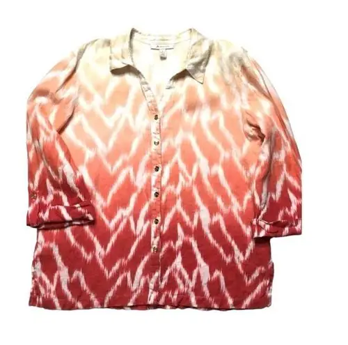 JM Collection Mountain Lake Rose Linen Ikat Button Down Shirt Top Sz 14