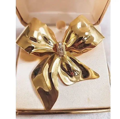 Vintage Antique Gold Tone Ribbon Bow Brooch Pin Large Jeweled Girly Feminine - Image 1
