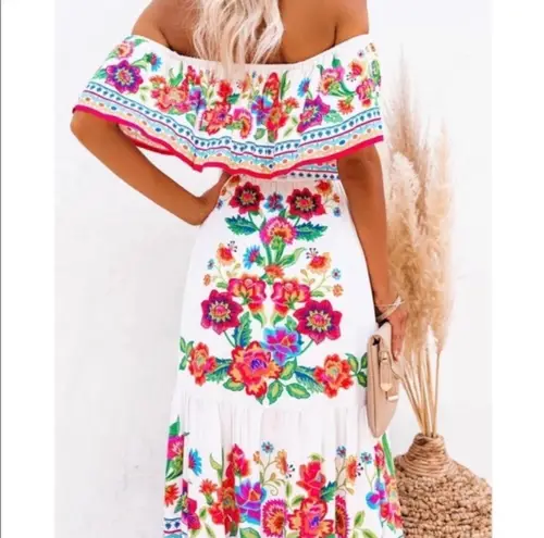 Boutique White Floral Ruffled Off the Shoulder Boho Maxi Dress