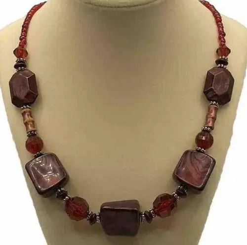 Vintage Estate Venetian Glass Necklace Intricate Red Square Flowered Bea… Brown