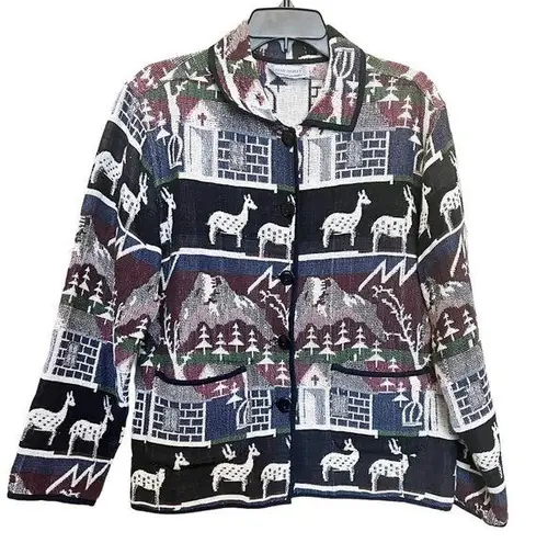 Jane Ashley Woven Tapestry Winter Deer Print Button Front Jacket Blue Multi Sz L