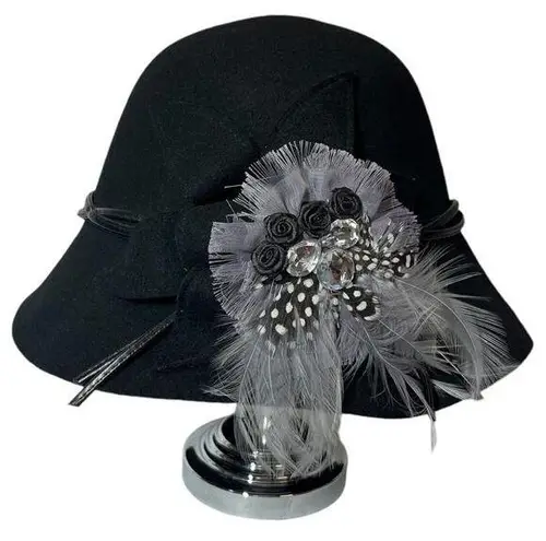 Something Special Cloche Bucket Hat Womens 100% Wool Felt Flower Feathers Black