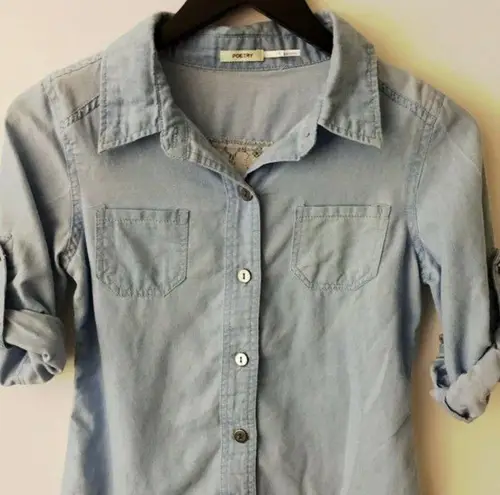 Poetry Rolled Sleeve Button Up Shirt Crochet Back Roll Top Womens Blue Large L