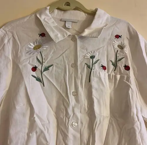 Dress Barn  Embroidered Floral White Button down Shirt Size 18W Linen blend