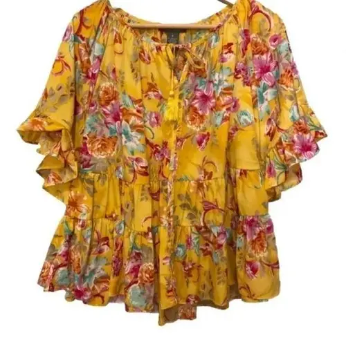 Chelsea & Theodore S Yellow/Multi Floral Beaded Tassel Short SleeveTiered Blouse Yellow