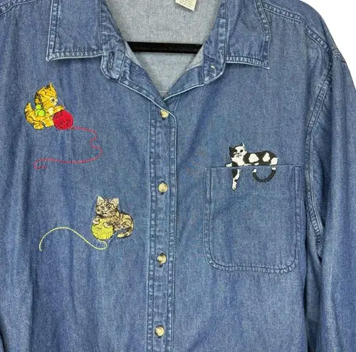 Cabin creek Embroidered Cat Denim Long Sleeve Button Down Shirt 22W