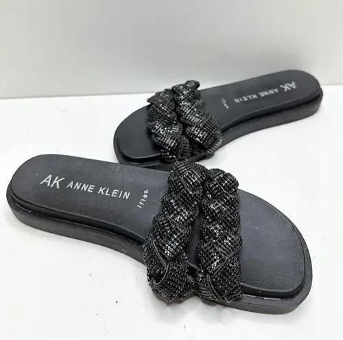 Anne Klein  Sandals Women 6 Black Journi Rhinestone Embellished Flat Slides