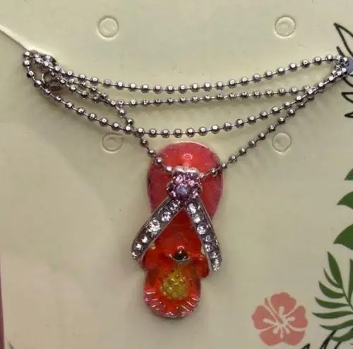 NEW Bluefin Hawaii Jewelry Rhinestone Pineapple Flip Flop Necklace Orange