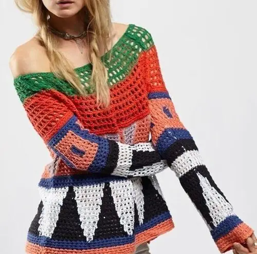 Free People  Modern Art Geo Crochet Open Knit Flared Bell Sleeves Sweater Top