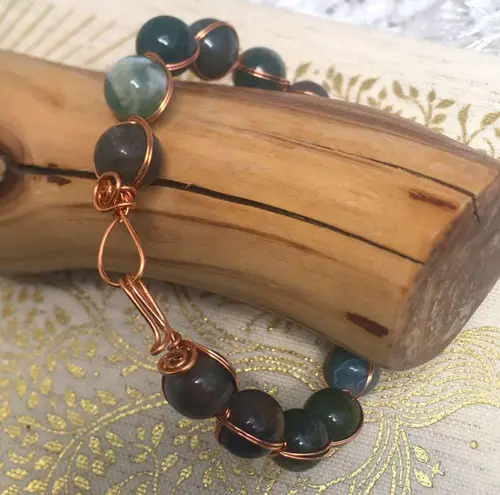 New Handcrafted Indian Agate Gemstone Bead Copper Wire Wrapped Bracelet Silver