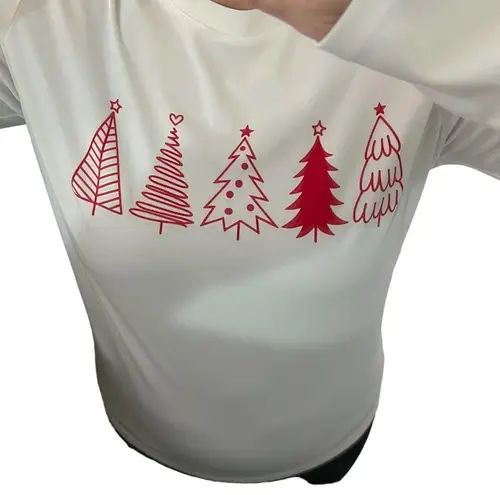 LARGE White Red Print Holiday Christmas Tree Long Sleeve Pullover Tee T