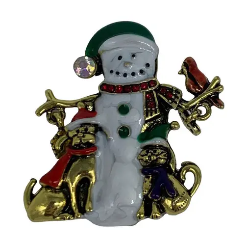 New Christmas snowman brooch or pin with cat & dog