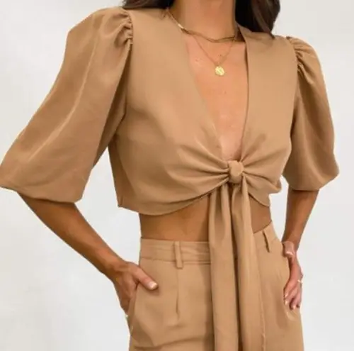 Lavish Pretty  Jamie Crop Tie Knot Blouse & Wide Leg Trouser Pants Set Tan US 4