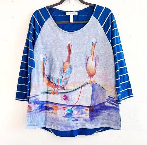 Ellen Negley Top Art & Sol Pelican Print Striped Back & 3/4 Sleeves Sz L GUC Size L
