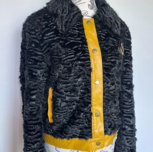 STAUD Buddha black faux shearling fur jacket w/ yellow leather trim size S small