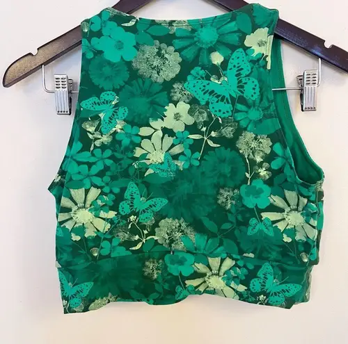 Aerie  Cropped Athletic Sleeveless Cut out Top Green Floral Butterflies Size L