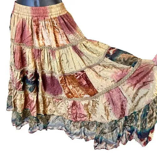 Vintage Boho Tiered Patchwork Festival Skirt Set Brown