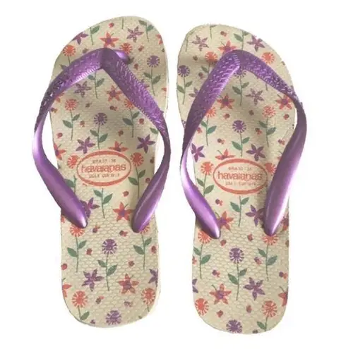 Havaianas Top  𑁍 Flower Print Flip Flops 𑁍 Brazilian Beach Sandals 𑁍 Purple