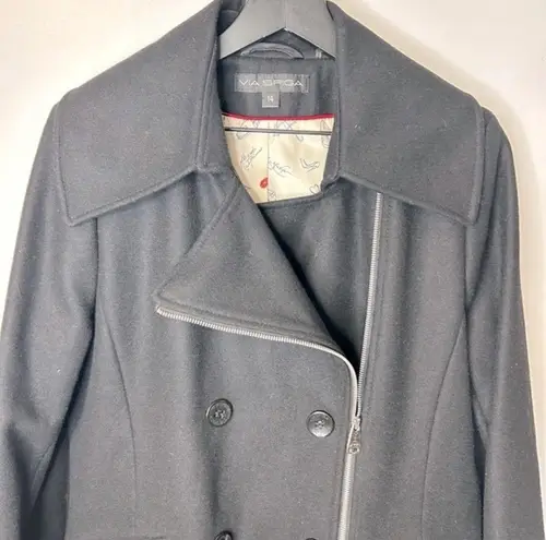 via spiga Black Asymmetrical Zip Pleated Hem Double Breasted Wool Coat Size 14