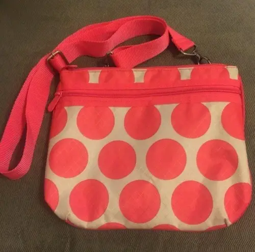 Thirty One EUC Pink Coral Mod Dot Adjustable Strap Nylon Crossbody Bag
