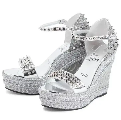 Christian Louboutin  Madmonica 120 Leather Espadrille Wedge Sandals - Silver