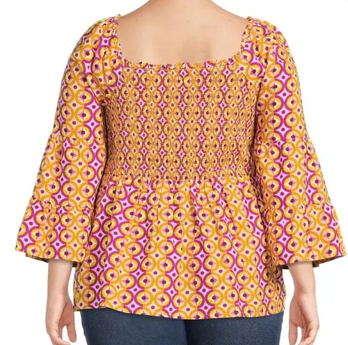 Terra & Sky  Bell Sleeve Smock Top in Retro Geometric Berry Fun Print Sz 3X NWT