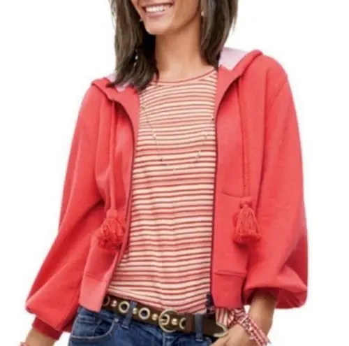 CAbi  Coral Pom Pom Drawstring Zipper Sweater