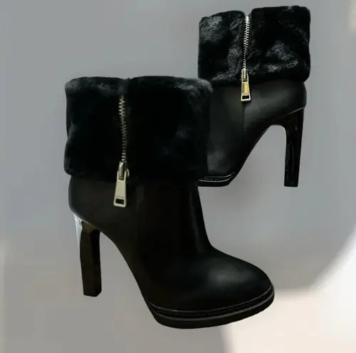 DKNY 🆕 “SONYA” Black Fur-Trimmed High Heel Ankle Boots. NWT