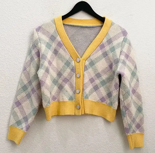 Checkered Plaid Yellow/Purple V Neck Knit Cropped Cardigan Sweater Yellow