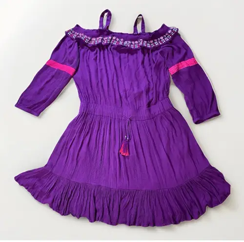 Roaman’s Roaman's Dress Size 20W Purple Crinkle Embroidered Ruffle Boatneck Long Sleeve
