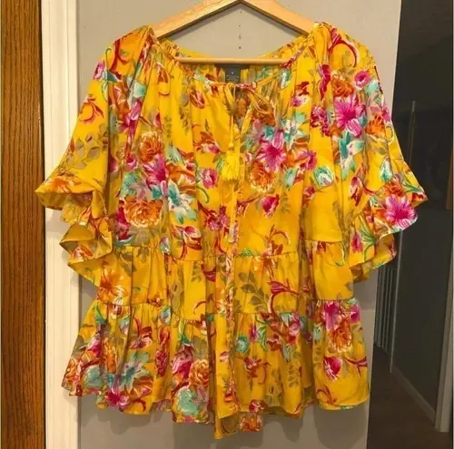 Chelsea & Theodore S Yellow/Multi Floral Beaded Tassel Short SleeveTiered Blouse Yellow