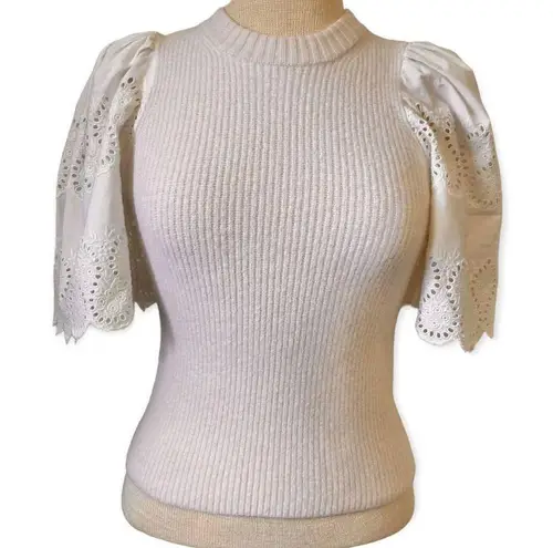 Sea New York Nadene Eyelet Cream Wool Knit Sweater White Short Sleeve Crewneck S Size XS