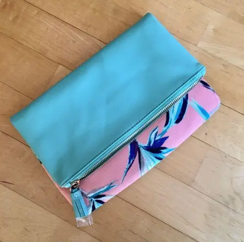 Rachel Pally Tropical, Floral Foldover Zippered Clutch, Orange Peach, Teal Green