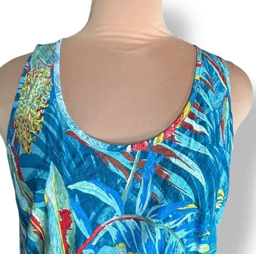 Jams World Kamuela Print Tank Top Blue Tropical Floral Crinkle Rayon Hawaiian XL