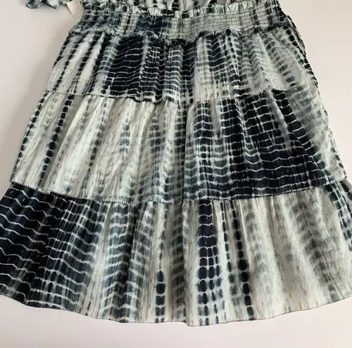 Saylor Syden Navy Tie Dye Gold Metallic V-neck Tiered Boho Mini Dress Large