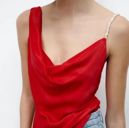 ZARA NWT  red satin pearl strap tank