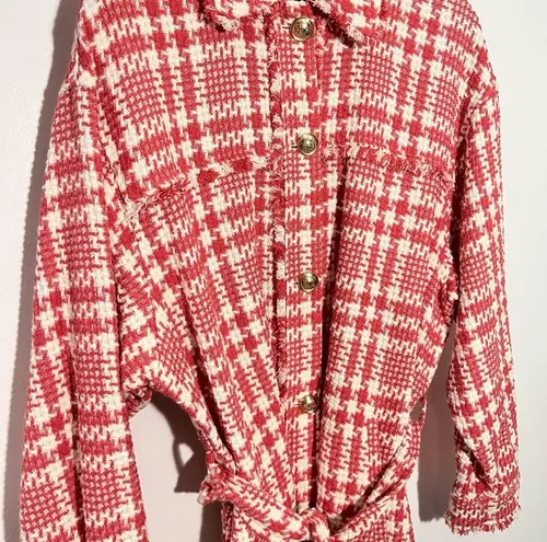 ZARA  Tweed Houndstooth Belted Pink/White Plaid Boucle Jacket‎ Size XS