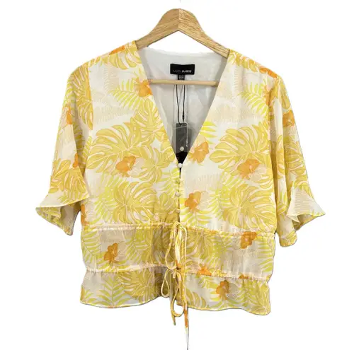 Lucy Paris Yellow Floral V-Neck Blouse ruffle Detail Womens Medium New