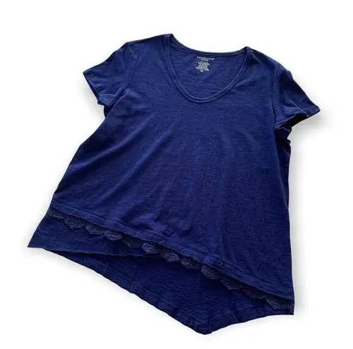 Westbound | Navy Blue Asymmetrical Lace Trim Short Sleeve T-Shirt Medium Petites
