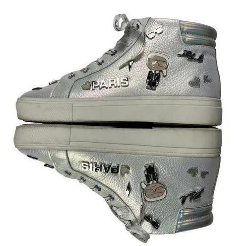Karl Lagerfeld Paris Catty Iridescent White Leather High Top Sneakers Size 9.5