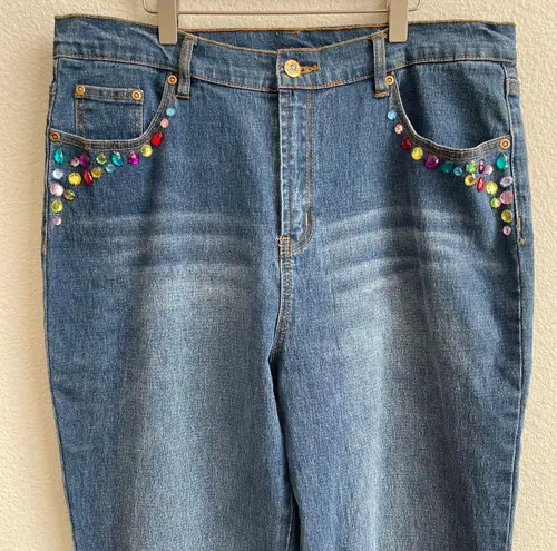 Vintage 90s Reworked Retro Disco Denim Rhinestone High Rise Wide Leg Tall Jeans Blue Size 12