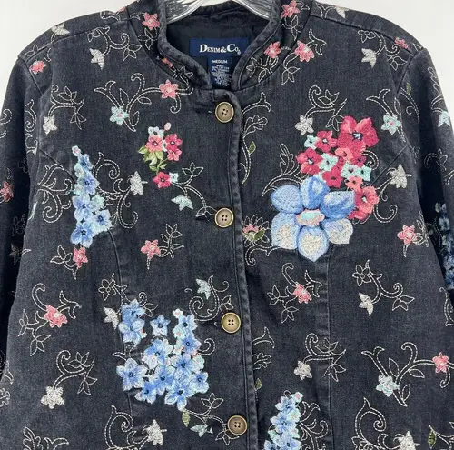 Denim & Co  (M) VINTAGE 90s Womens Black Floral Embroidered Button Up Jean Jacket