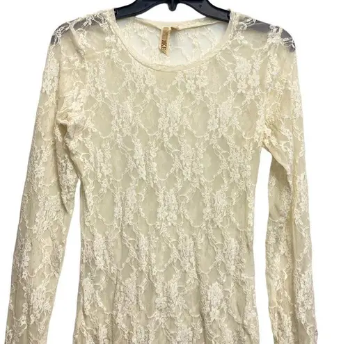 BKE Large Tan Floral Lace Sheer Long Sleeves Fitted Top Y2K