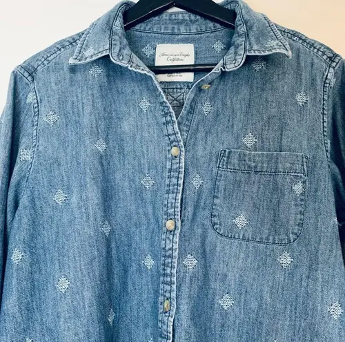 American Eagle AE Women's Button-Up Western Embroidery Stitched Blue Jean Denim Shirt | Size XL