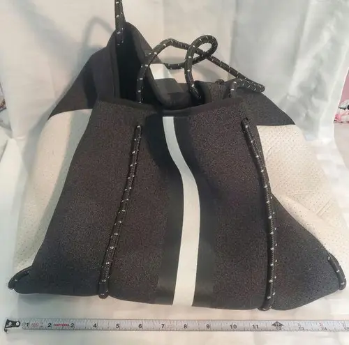 Haute Shore GREYSON UPTOWN Tote Purse Black/White Stripes Bag. A12 Black