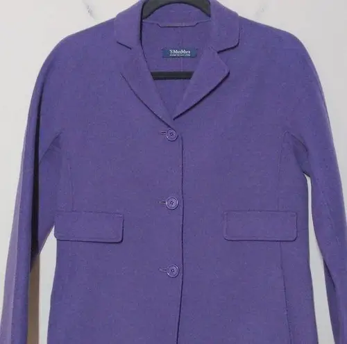 Max Mara 'S Womens Overcoat Purple Knee Length Pockets 100% Wool Collar 8