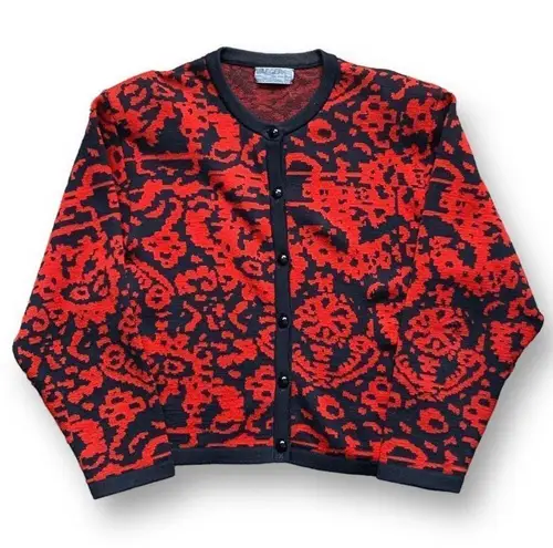 Vintage Jaeger London Cardigan Sweater Bright Red Abstract Pattern Crewneck Black