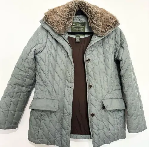 Eddie Bauer  Goose Down Zip Button Quilted Puffer Fur Jacket Coat Women's XS